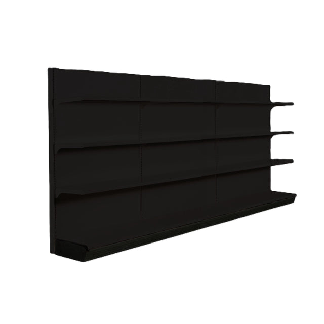 The Kent Unlimited WL1215054 is a black, wall-mounted shelving unit with four evenly spaced shelves. Ideal for wall storage, its minimalist, modern design stands out against the plain white background.
