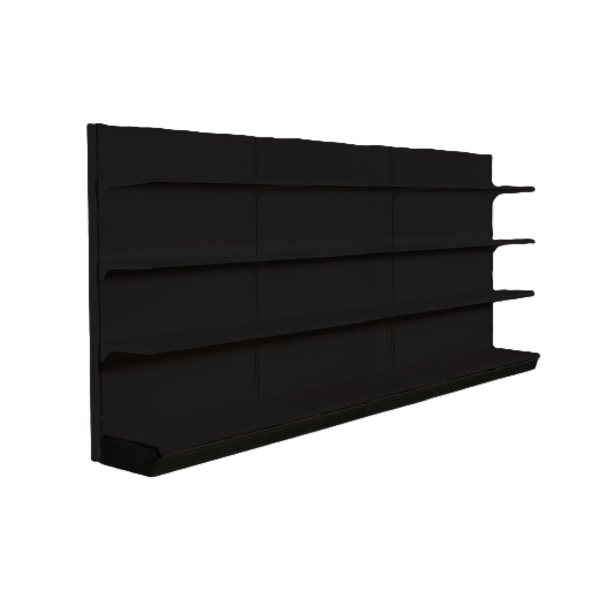A black, wall-mounted shelving unit by Kent Unlimited features four horizontal shelves and a solid back panel. Shown at an angle on a plain white background, this storage unit highlights modern minimalist design and sturdy wall shelving functionality.