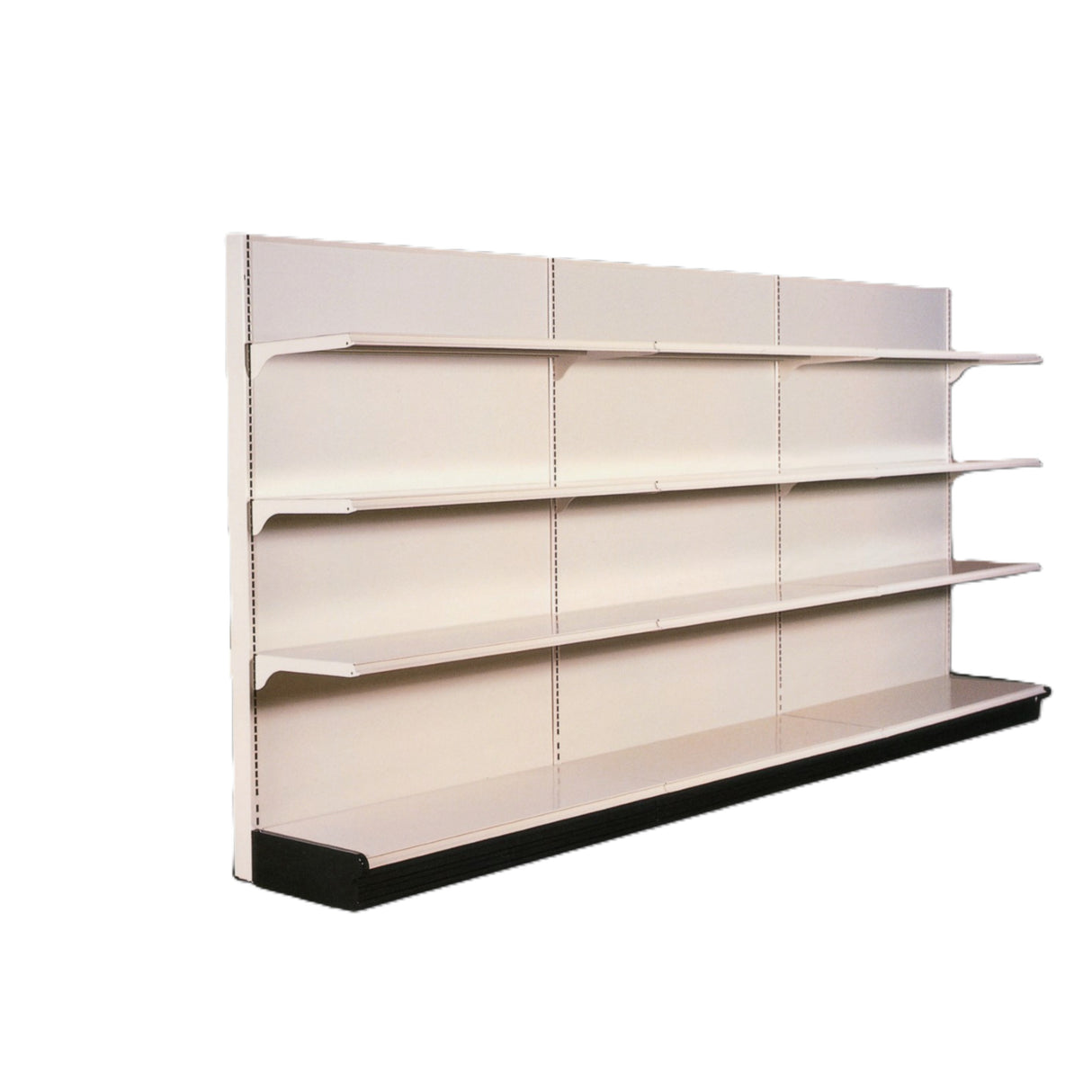 A beige metal retail store shelving unit, reminiscent of an ivory wall unit, with four evenly spaced shelves and a black base. Perfect for wall storage or product display, it stands empty against a plain white background.
