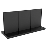 A three-section Kent Unlimited black metal gondola retail shelving unit with pegboard-style back panels and a wide lower shelf, standing empty on a white background.