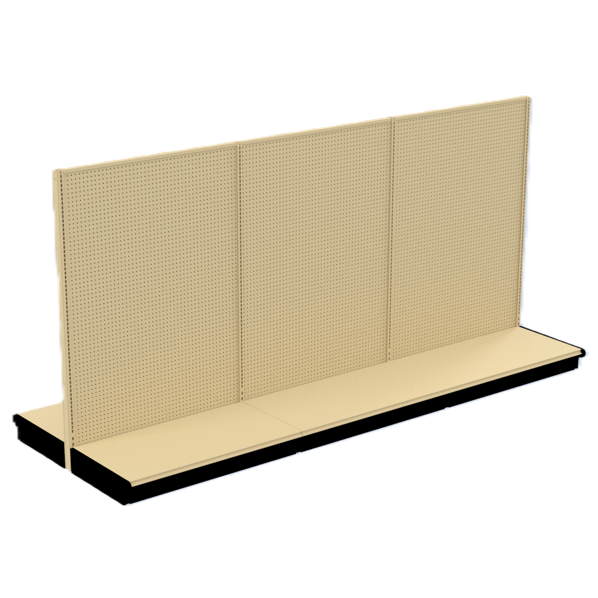 A beige Kent Unlimited gondola display shelving unit with a perforated pegboard back and flat base, viewed at an angle on a white background. The empty shelving is perfect for showcasing merchandise in any retail store.