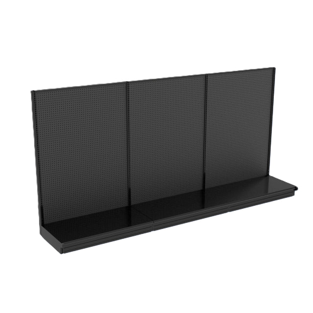 A black Kent Unlimited wall retail display gondola, 144"W x 15"D x 72"H, with three vertical pegboard panels and a long flat base shelf. The empty unit is photographed against a plain white background. Also available in ivory.