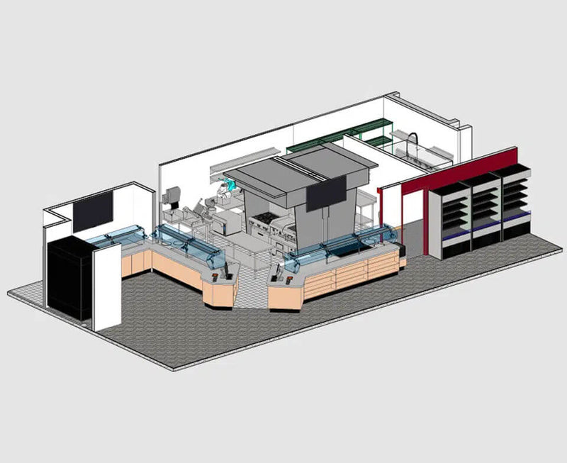 3D rendering of restaurant interior showcasing equipment placement and flow in professional design services