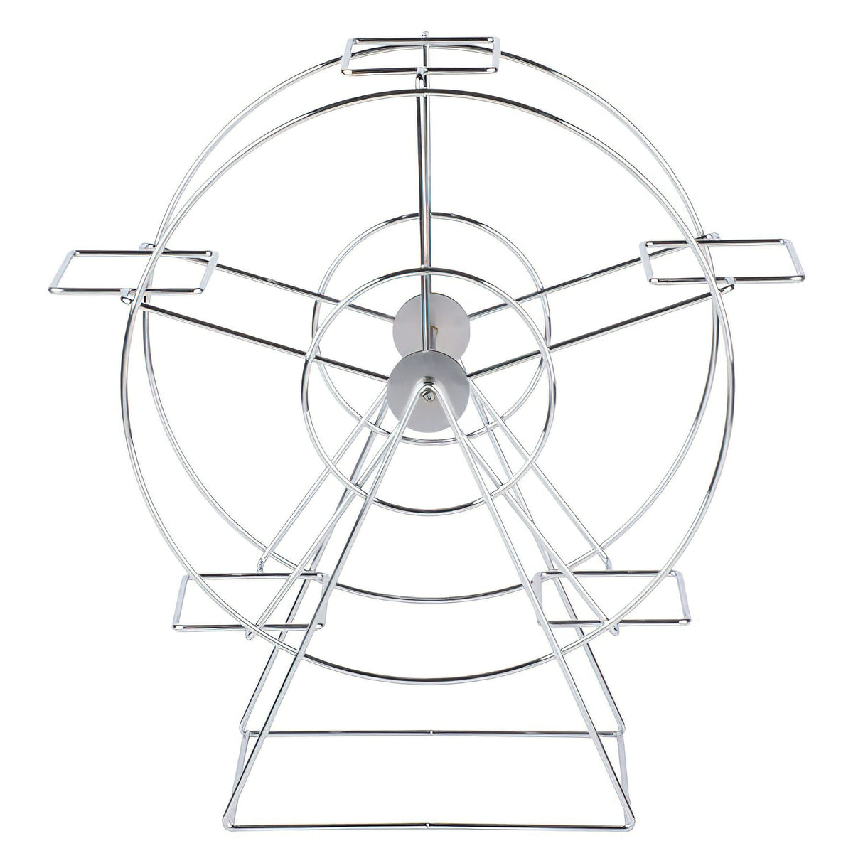 A chrome Ferris Wheel Basket Holder with six rectangular holders, perfect for displaying cupcakes. The simple, silver, geometric design adds a modern touch, and is photographed on a white background.