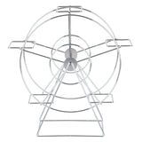 A chrome Ferris Wheel Basket Holder with six rectangular holders, perfect for displaying cupcakes. The simple, silver, geometric design adds a modern touch, and is photographed on a white background.