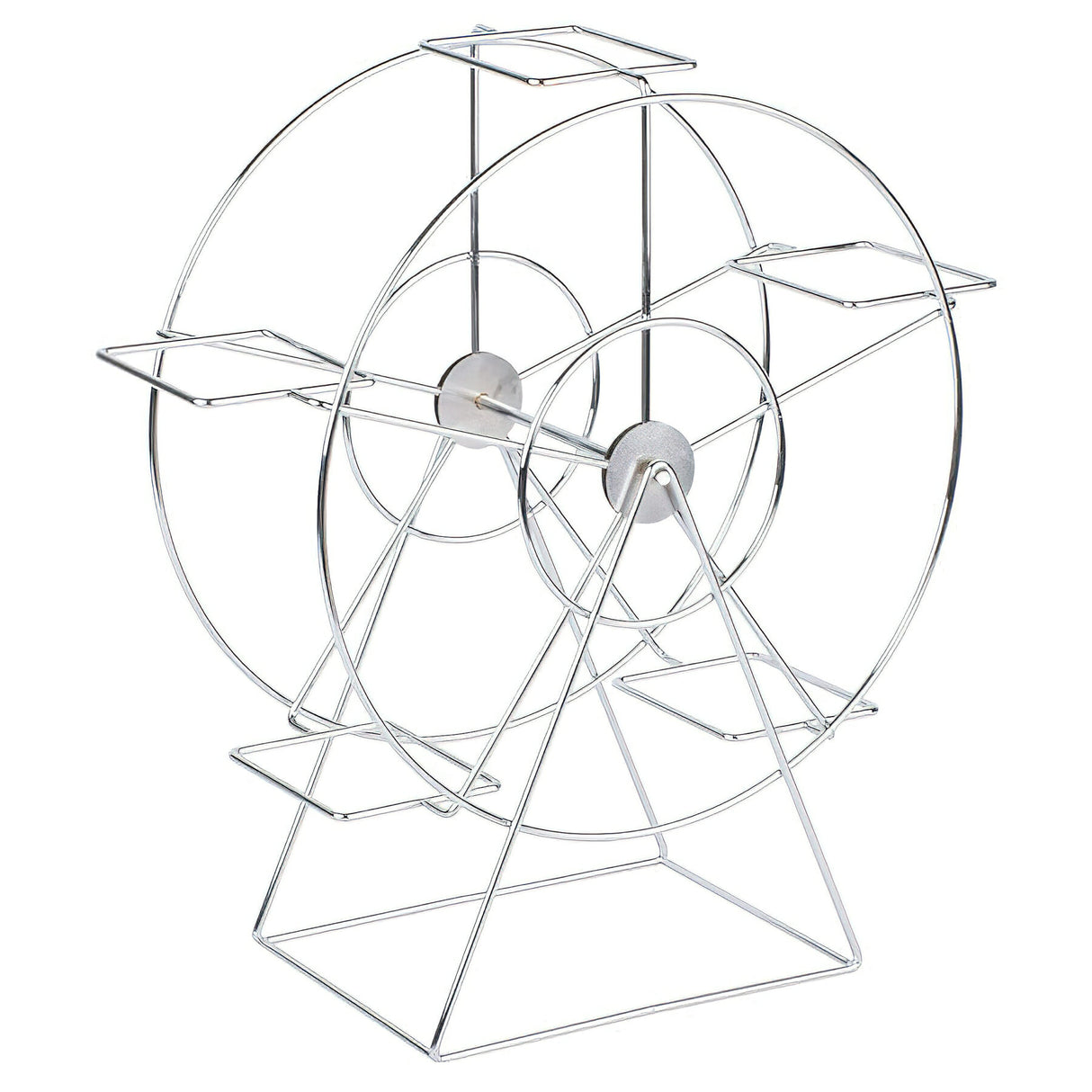 A metal Ferris Wheel Basket Holder with a wireframe structure features two large circular sides connected by spokes, four rectangular platforms spaced evenly around the wheel, and a triangular base for support.