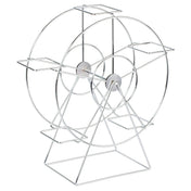 A metal Ferris Wheel Basket Holder with a wireframe structure features two large circular sides connected by spokes, four rectangular platforms spaced evenly around the wheel, and a triangular base for support.