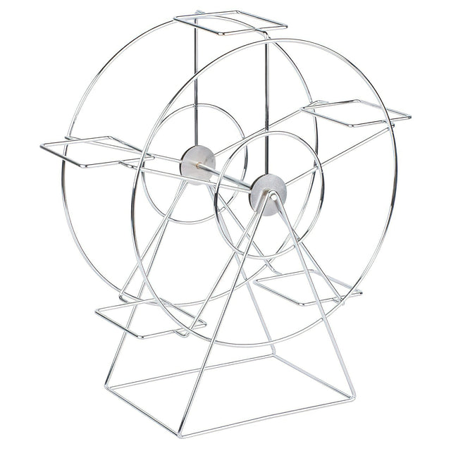 A metal Ferris Wheel Basket Holder with a wireframe structure features two large circular sides connected by spokes, four rectangular platforms spaced evenly around the wheel, and a triangular base for support.
