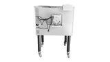 A stainless steel convection oven is shown from the back, standing on four black legs with wheels. Cables and a vented panel are visible, along with a square fan or vent in the center. The background is plain white.