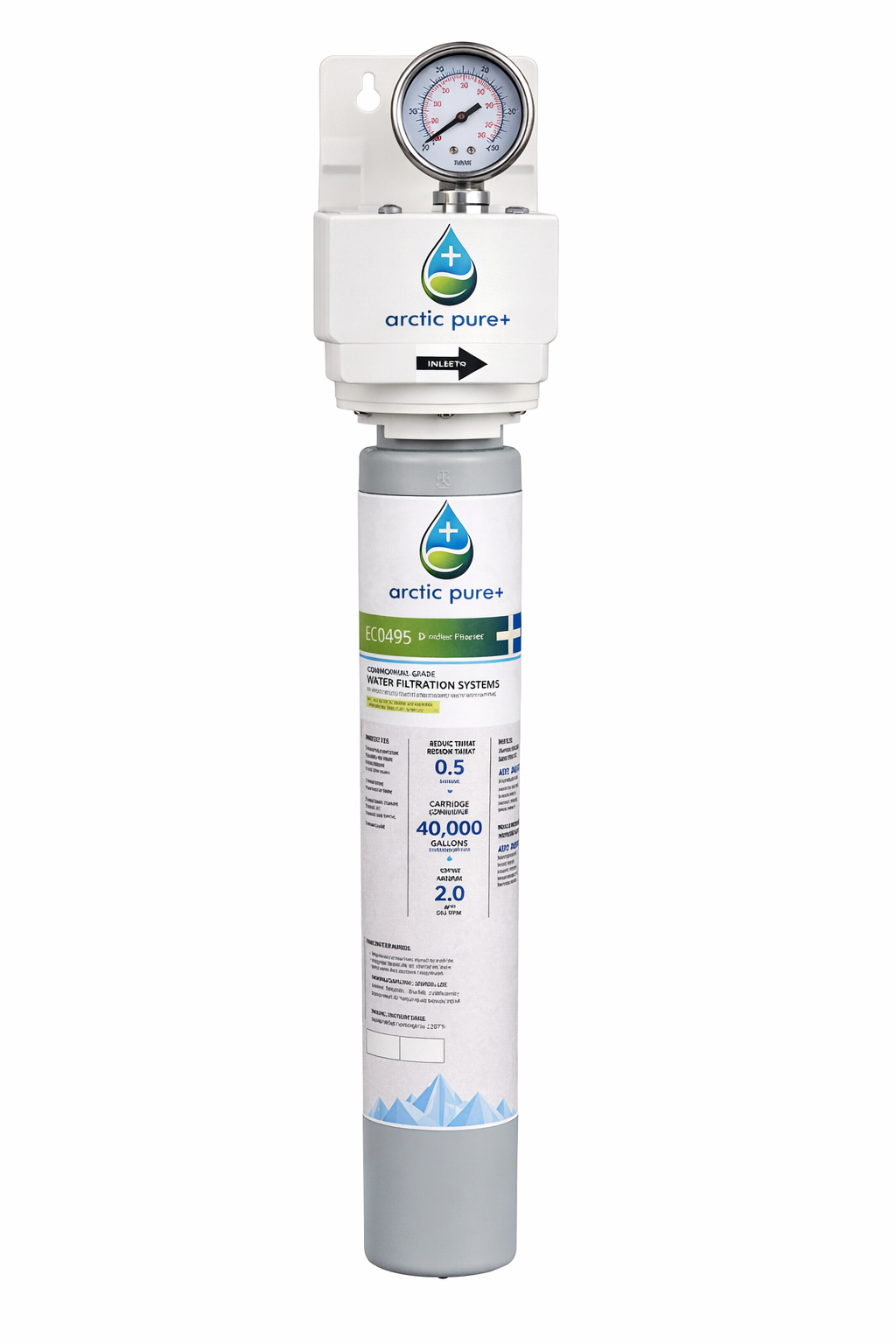 A vertical Koolaire water filter assembly features a pressure gauge at the top, labeled Arctic Pure Plus. The slim cylindrical filter has a white and green label with product details, a blue cross, and mountain graphics near the base against a white background.