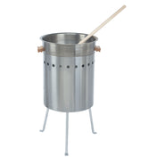 A large, cylindrical stainless steel Candy Apple Stove with wooden handles and ventilation holes sits on three metal legs. Featuring 4500 watts of electric power, it includes a long wooden stirring stick for outdoor cooking or boiling.