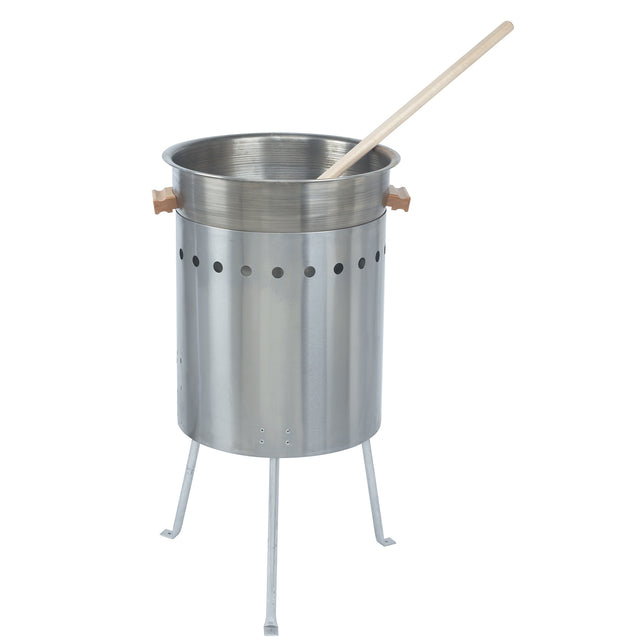 A large, cylindrical stainless steel Candy Apple Stove with wooden handles and ventilation holes sits on three metal legs. Featuring 4500 watts of electric power, it includes a long wooden stirring stick for outdoor cooking or boiling.