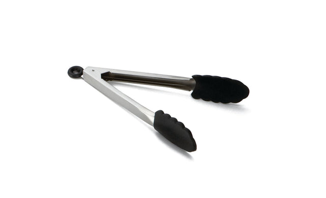 A pair of stainless steel kitchen tongs with black, heat resistant silicone scalloped tips is shown on a white background. The locking tongs are partially open, featuring a round locking mechanism at the end of the handles.