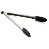 A pair of stainless steel tongs with black silicone, scalloped grips and a black locking mechanism for securing them closed. These heat resistant tongs feature straight silver handles and a simple, functional design.