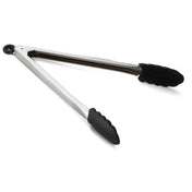 A pair of stainless steel tongs with black silicone, scalloped grips and a black locking mechanism for securing them closed. These heat resistant tongs feature straight silver handles and a simple, functional design.