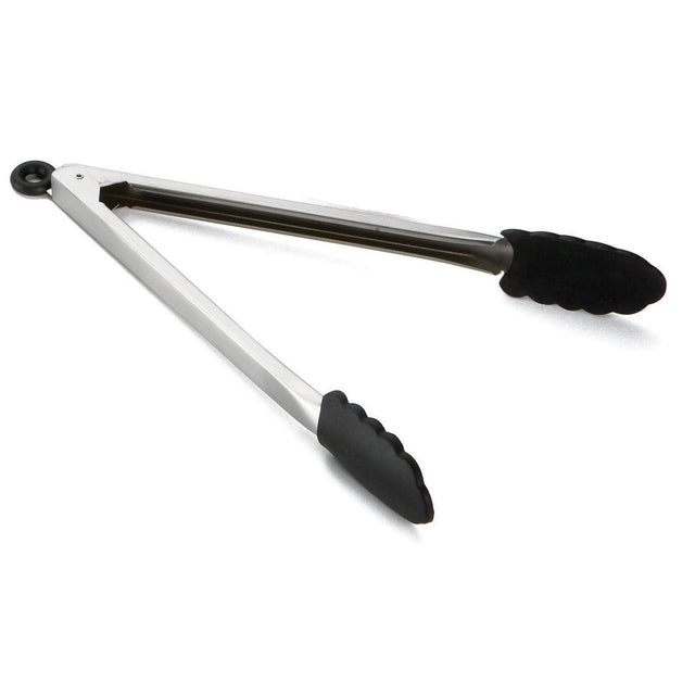 A pair of stainless steel tongs with black silicone, scalloped grips and a black locking mechanism for securing them closed. These heat resistant tongs feature straight silver handles and a simple, functional design.