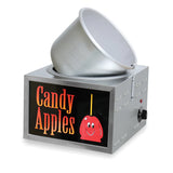 A metal Double-Batch Reddy Apple Cooker with a tilted silver bowl on top. The front panel displays “Candy Apples” in large orange letters and a smiling red candy apple. This counter-top unit features a control knob and comes with an insert pot included.