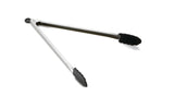 A pair of stainless steel locking tongs with black, scalloped silicone grips on the ends, open in a V shape and resting on a white background.