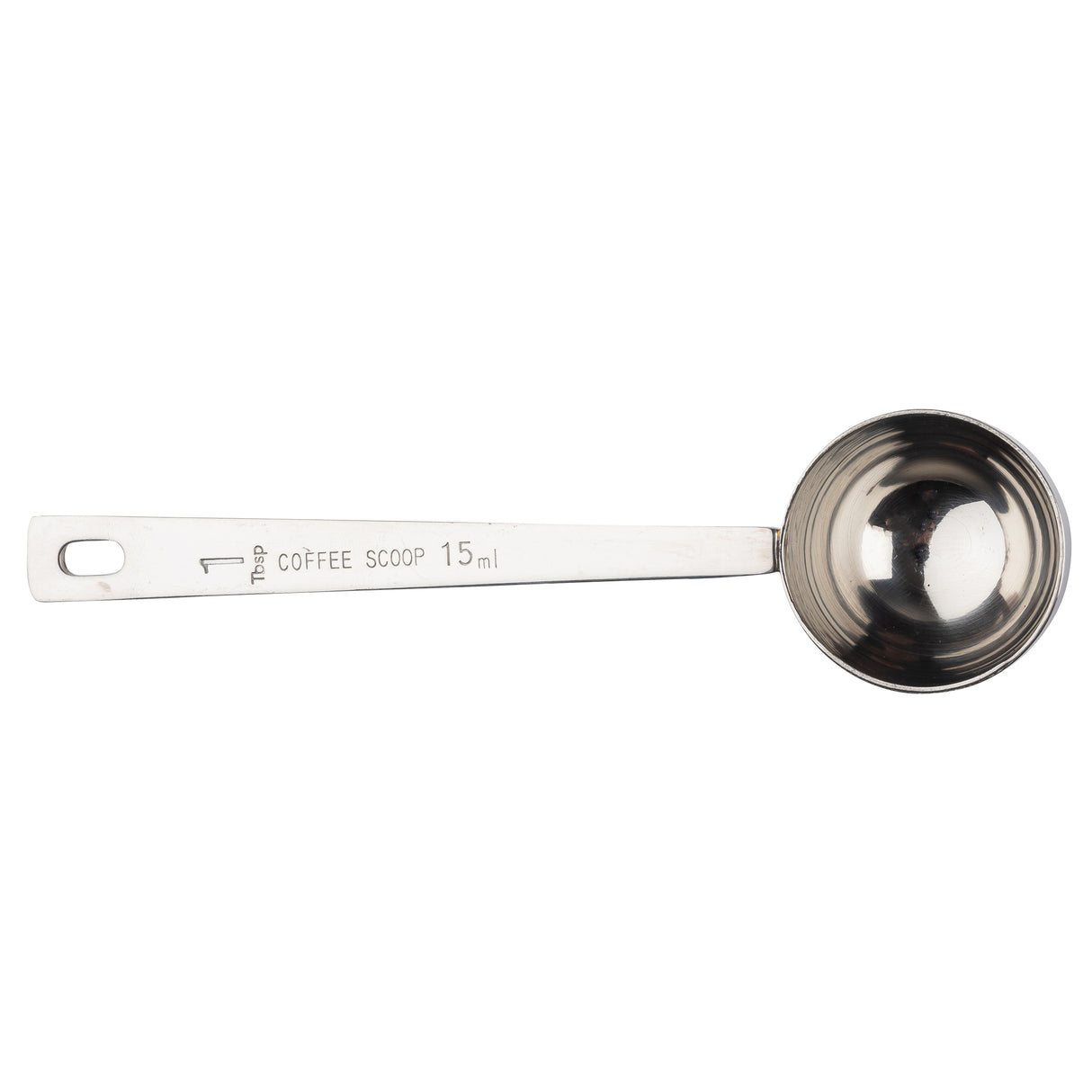 A stainless steel coffee scoop with a deep, round bowl and long handle, engraved with “1 Tbsp COFFEE SCOOP 15 ml.” Dishwasher safe, it features a small hanging hole and rests on a white background.