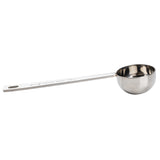A stainless steel coffee scoop with a long handle and a round, deep bowl. The flat handle is inscribed with measurement details, indicating a 15 ml capacity. The shiny, reflective metal surface is both stylish and dishwasher safe.