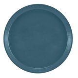 A round, dark teal Serving Camtray with a slightly raised rim is seen from above against a white background. This fiberglass tray features a smooth, matte finish and a simple, minimalist design. Durable and dishwasher safe for easy cleaning.