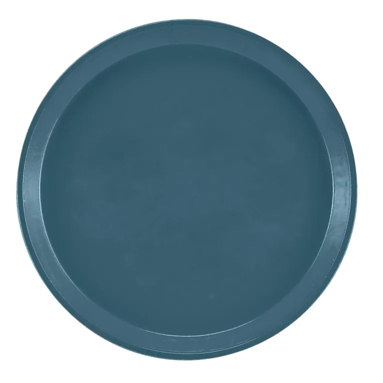 A round, flat fiberglass tray with a raised edge, shown from above. The solid dark teal Serving Camtray has a smooth, matte surface with no visible patterns or decorations. Dishwasher safe and set against a plain white background.