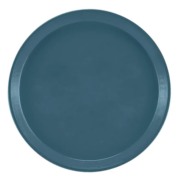 A round, flat fiberglass tray with a raised edge, shown from above. The solid dark teal Serving Camtray has a smooth, matte surface with no visible patterns or decorations. Dishwasher safe and set against a plain white background.