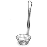 A chrome plated metal wire skimmer basket with a long handle. The round, open grid basket by TableCraft is perfect for straining or frying food. The elongated handle features a loop for hanging, and the basket stands upright against a white background.