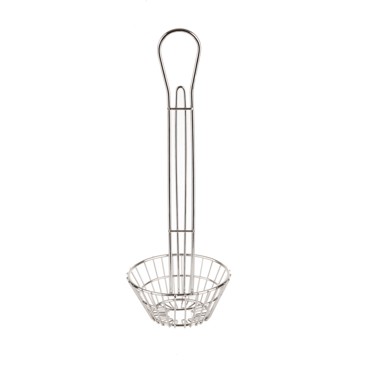 A chrome plated metal utensil with a long handle and a small round basket at the bottom, this TableCraft tool is perfect for deep frying or scooping food from hot liquid. The handle’s looped top allows easy hanging, while the basket’s open wire sides ensure quick drainage.