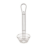A chrome plated metal utensil with a long handle and a small round basket at the bottom, this TableCraft tool is perfect for deep frying or scooping food from hot liquid. The handle’s looped top allows easy hanging, while the basket’s open wire sides ensure quick drainage.