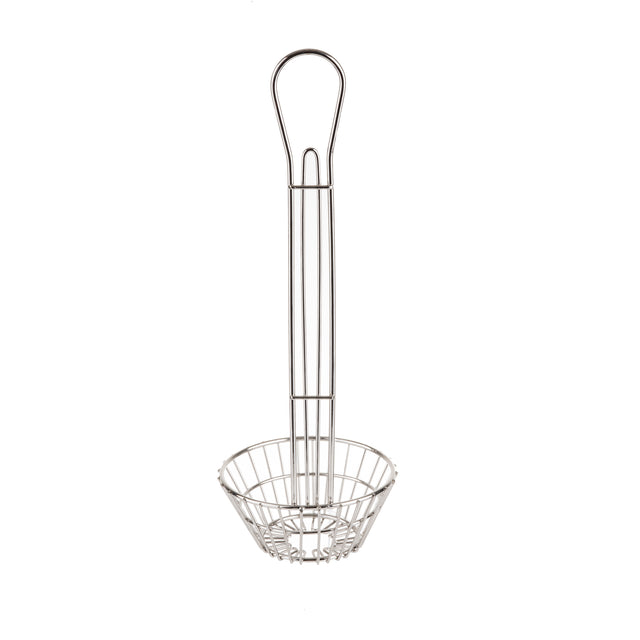 A chrome plated metal utensil with a long handle and a small round basket at the bottom, this TableCraft tool is perfect for deep frying or scooping food from hot liquid. The handle’s looped top allows easy hanging, while the basket’s open wire sides ensure quick drainage.