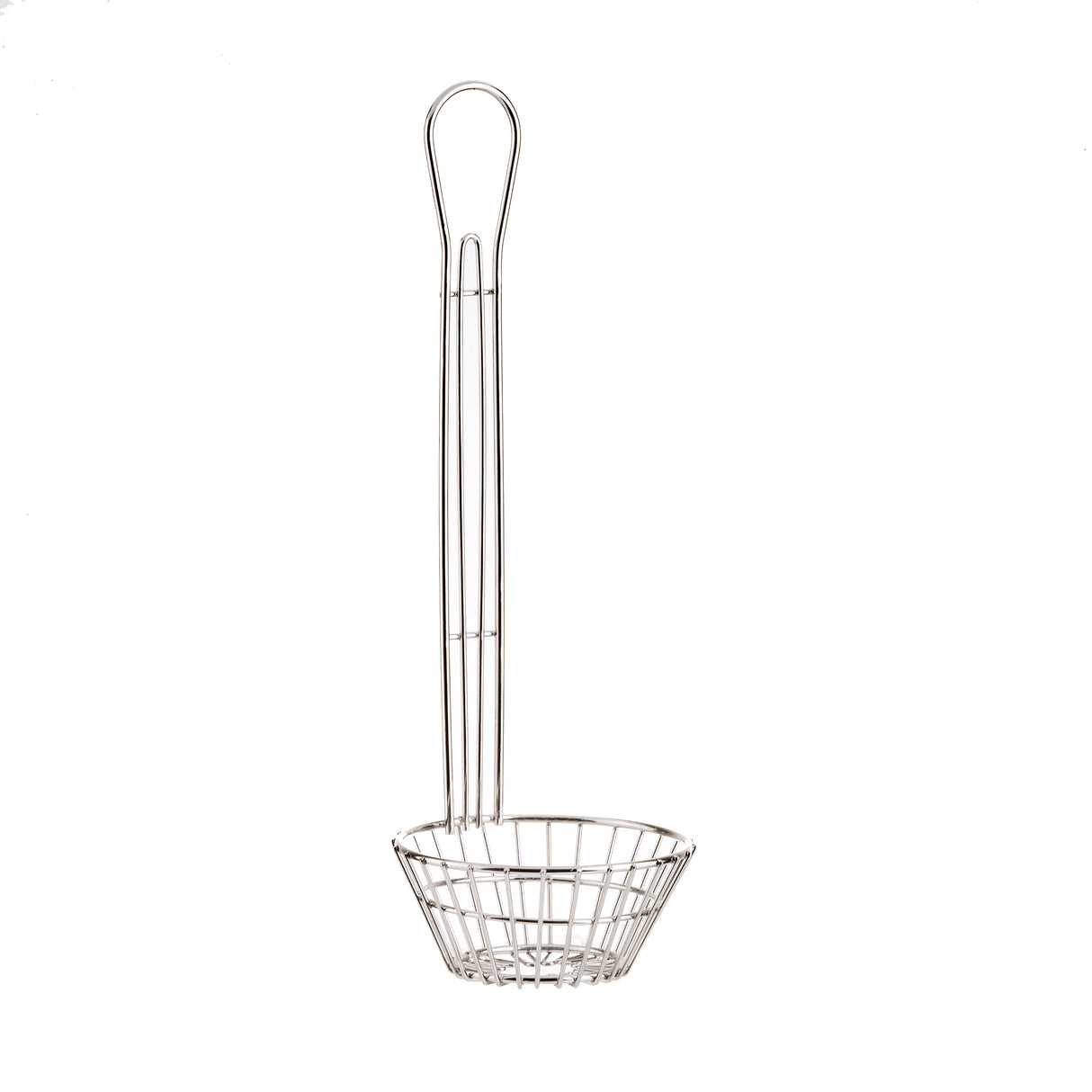 A stainless steel wire skimmer with a long handle and a round, shallow basket. Made from chrome plated metal, this TableCraft tool features a grid pattern for easy draining, and the handle's loop allows for convenient hanging against the white background.