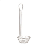 A stainless steel wire skimmer with a long handle and a round, shallow basket. Made from chrome plated metal, this TableCraft tool features a grid pattern for easy draining, and the handle's loop allows for convenient hanging against the white background.