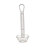 A chrome plated metal utensil with a long handle and a small, round basket at the end, ideal for straining or lifting food from hot liquids. Similar to a TableCraft Taco Salad Shell Basket, it features a looped handle and is photographed on a white background.