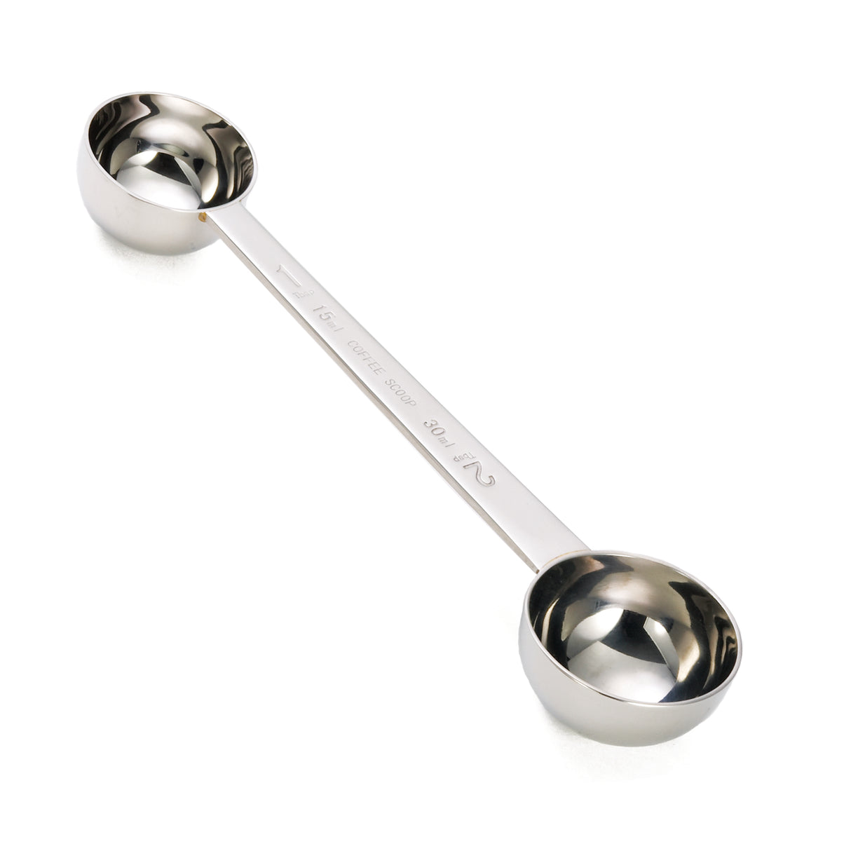 A shiny, double-ended stainless steel measuring spoon rests on a white background. Each end forms a round, deep Coffee Scoop of different sizes, joined by a flat handle engraved with measurement markings and is dishwasher safe for easy cleaning.
