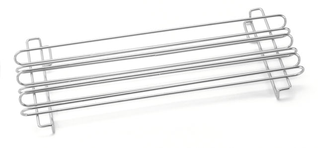 A chrome plated metal rack with four parallel bars and two end supports, designed as a Taco/French Fry Rail for holding items or providing ventilation. Shown on a white background, its rectangular form features a simple, minimalist design.