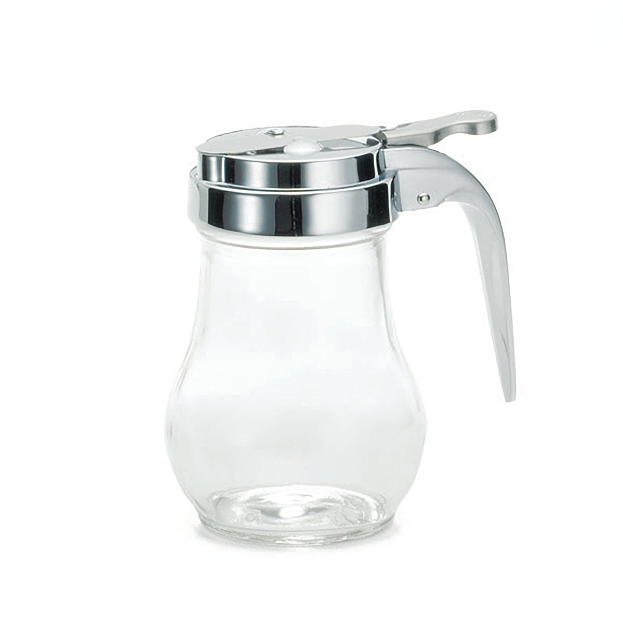A clear teardrop glass syrup dispenser with a wide base, narrow neck, and shiny silver metal lid. The lever-style handle allows for easy pouring. This dishwasher safe dispenser is empty and set against a plain white background.