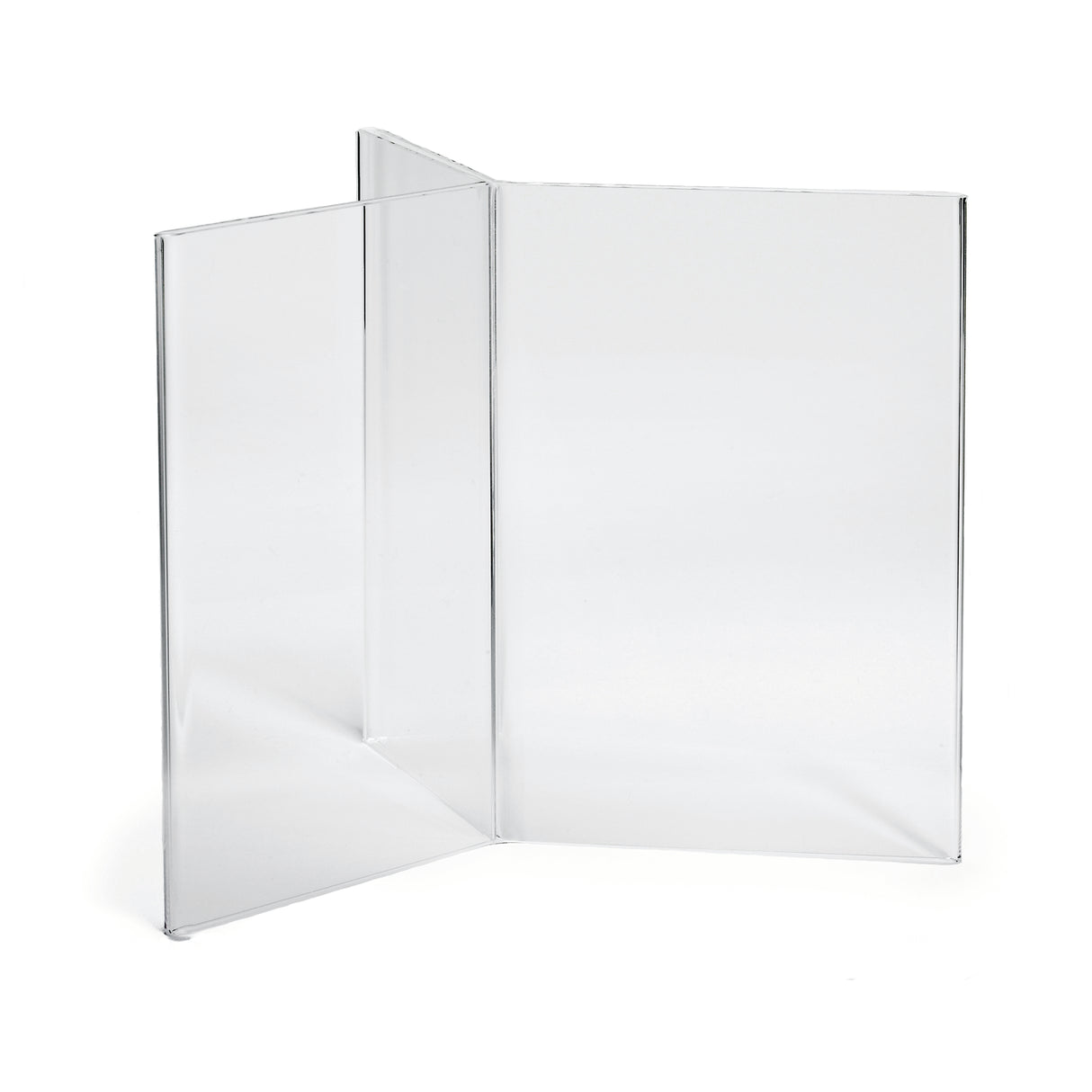 A clear, three-panel acrylic menu holder is shown. The panels join at right angles, forming a zigzag or accordion shape. Made in USA, the display is empty, standing on a white background with clean, sharp edges visible.