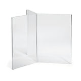 A clear, three-panel acrylic menu holder is shown. The panels join at right angles, forming a zigzag or accordion shape. Made in USA, the display is empty, standing on a white background with clean, sharp edges visible.