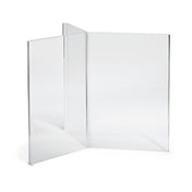 A clear, three-panel acrylic menu holder is shown. The panels join at right angles, forming a zigzag or accordion shape. Made in USA, the display is empty, standing on a white background with clean, sharp edges visible.