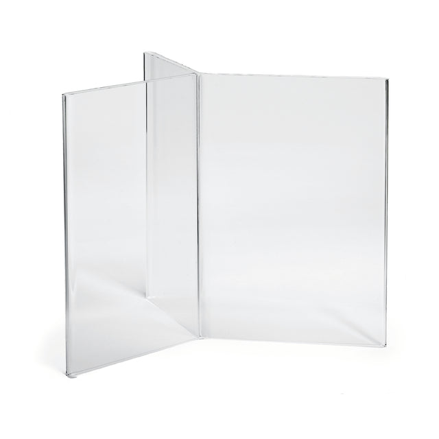 A clear, three-panel acrylic menu holder is shown. The panels join at right angles, forming a zigzag or accordion shape. Made in USA, the display is empty, standing on a white background with clean, sharp edges visible.
