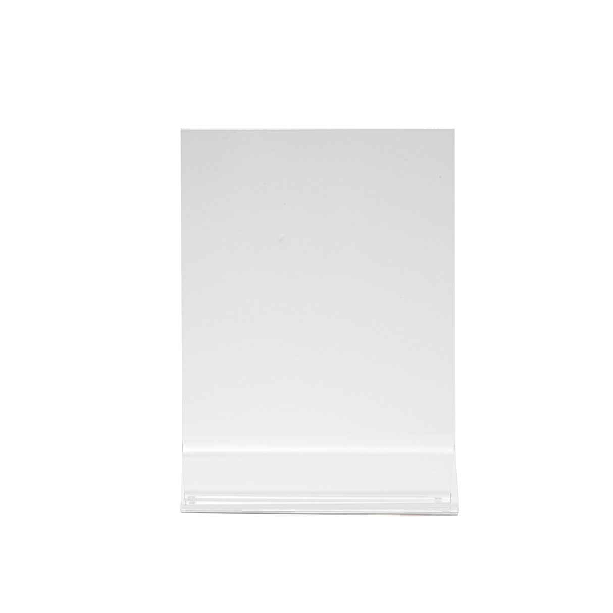 A clear acrylic menu holder with a vertical, angled backrest and flat base, designed to hold signs or cards. The plain white background highlights the transparency and simple, modern design—ideal as a two-sided menu display.