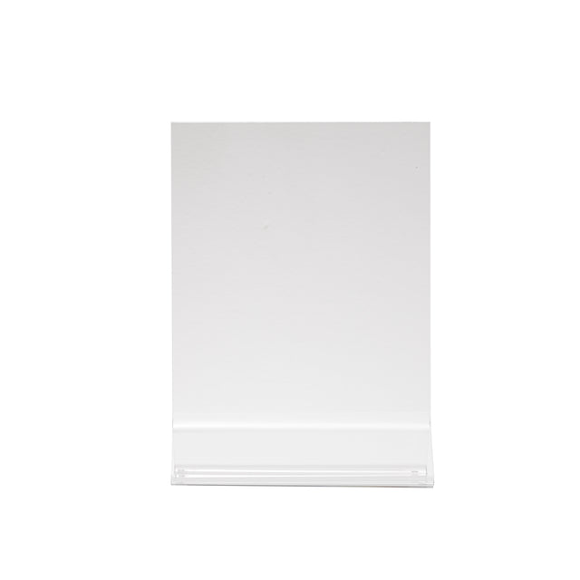 A clear acrylic menu holder with a vertical, angled backrest and flat base, designed to hold signs or cards. The plain white background highlights the transparency and simple, modern design—ideal as a two-sided menu display.