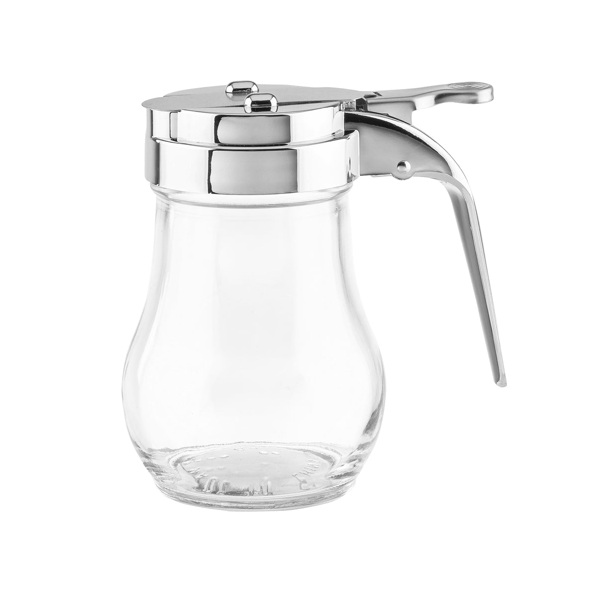 A clear teardrop glass syrup dispenser with a chrome plated metal lid and handle. The hinged spout and small latch on top make pouring easy. The rounded body stands upright on a white background.