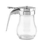 A clear teardrop glass syrup dispenser with a rounded body and a chrome plated lid. The lid features a lever handle for easy pouring. The dispenser is empty, set against a plain white background.
