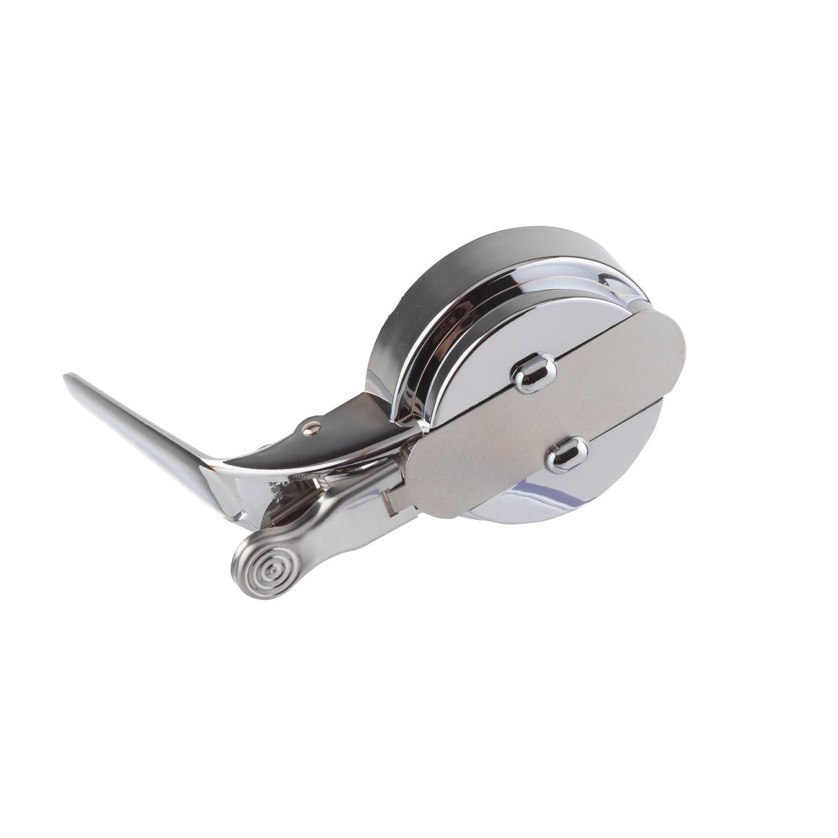 A shiny, chrome plated, drum-style bicycle brake with a lever arm and mounting points is pictured against a white background. The round housing has two visible screw heads and a long, flat arm extending from one side.