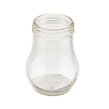 A clear, teardrop glass jar with a wide, rounded body and narrower neck is set against a plain white background. The jar features visible threading for a screw-on lid and embossed text on the bottom, ideal for use as a stylish dispenser.