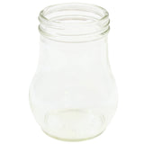 A clear, 6 oz teardrop glass jar with a wide mouth and slightly curved, bulbous shape stands upright on a white background. Its transparent surface allows the inside to be fully visible.