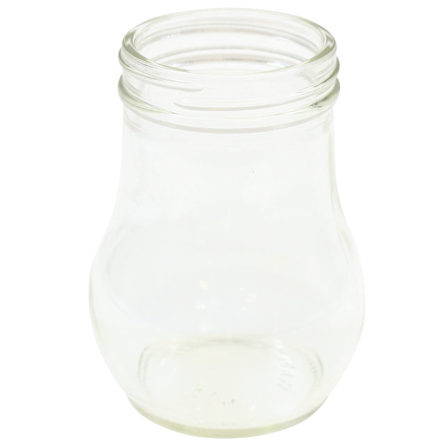 A clear, 6 oz teardrop glass jar with a wide mouth and slightly curved, bulbous shape stands upright on a white background. Its transparent surface allows the inside to be fully visible.