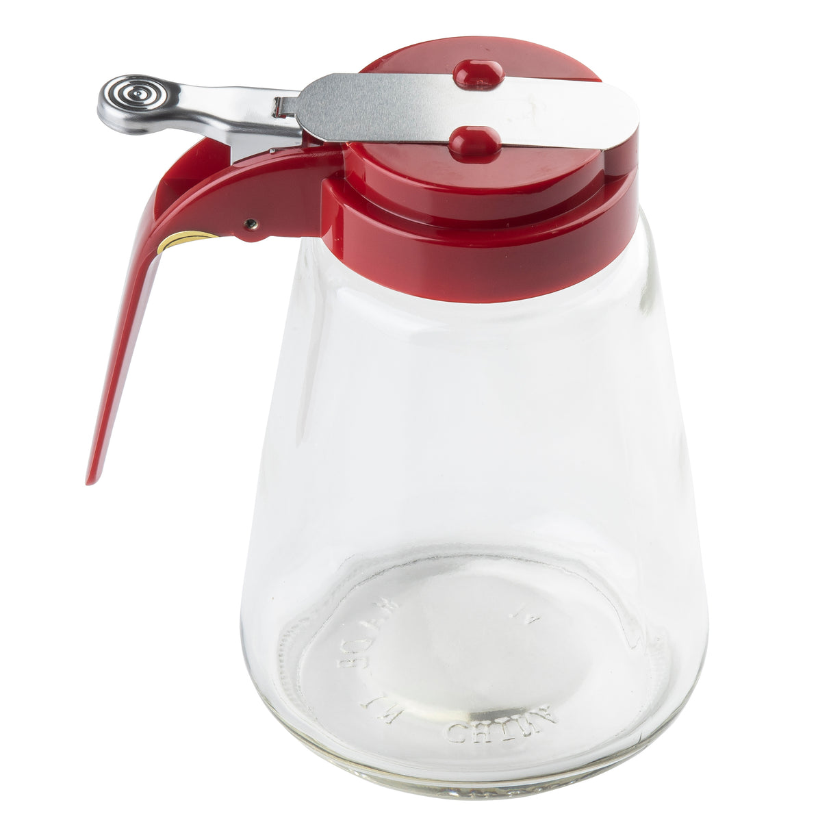 A clear teardrop glass syrup dispenser with a wide base and a red plastic top. The lid features a metal lever for pouring, attached to a spout mechanism. This dispenser is dishwasher safe and set against a plain white background.
